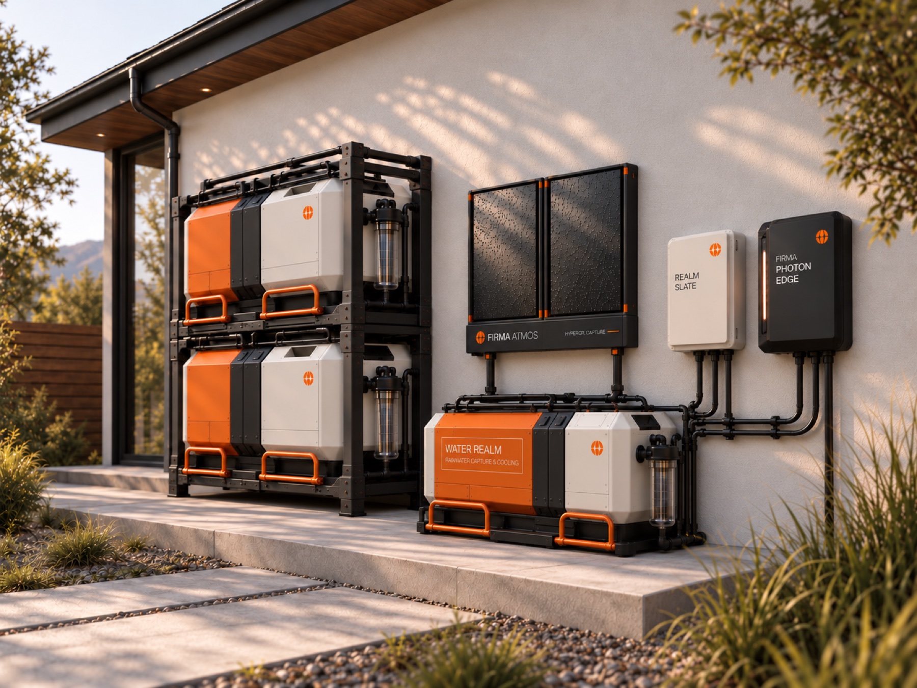 Water Realm units in the rack and on the pad, Firma Atmos panels, Realm Slate and Firma Photon Edge on the wall of a house